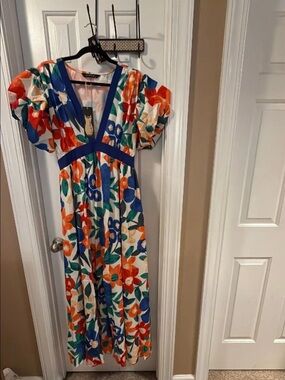 Vibrant Floral Puff-Sleeve Maxi Dress in Blue and Orange
